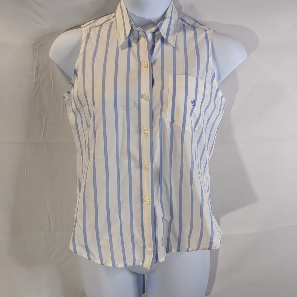 ⭐ Ralph Lauren Petite Medium Sleeveless Blouse White w Light Blue…